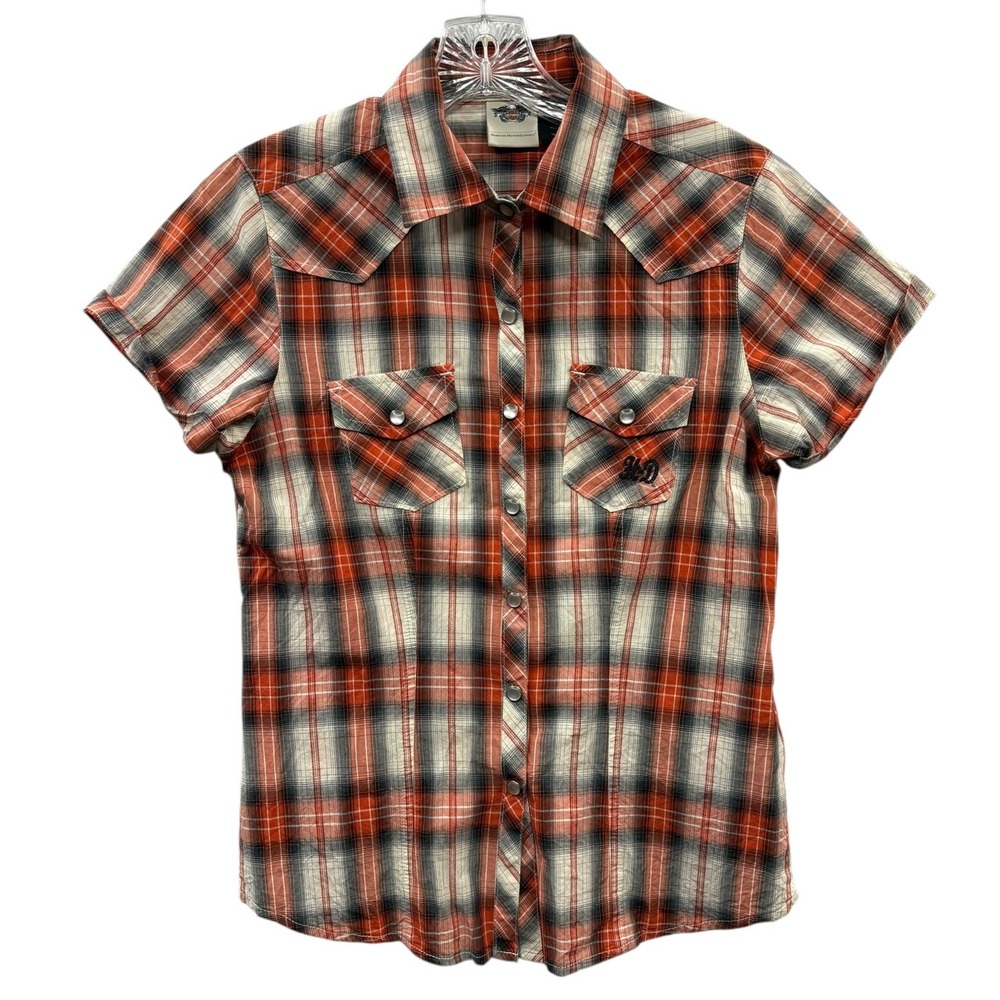 Harley Davidson Womens Plaid Western Pearl Snap‎ Y2K Retro Biker Moto S